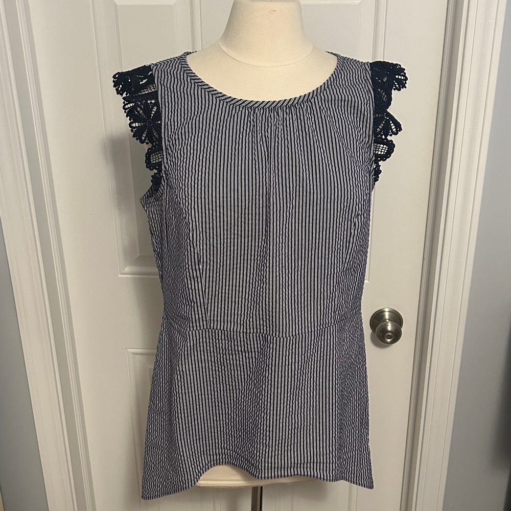 CAbi Navy and White Striped Top style 5727 size large lace trim back button hem